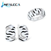 LMFALECA Frauen Silber 925 Schmuck Ohrringe Ring Sets Geschenk Weiß Schwarz Emaille Clip Ohrring
