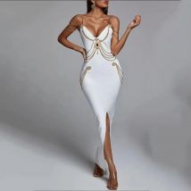 Hohe Qualität Neue Schwarz Weiß Kette Spaghetti Strap V-ausschnitt Split Verband Kleid Bodycon Promi
