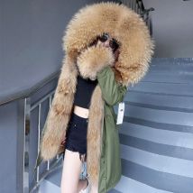 MAOMAOKONG Luxus Winter Echtpelz Mantel Frauen Jacke Pelz Kragen Natürliche fuchs pelz futter Waschbären Mit Kapuze Parkas Top Mode