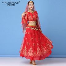 Bollywood Kleid Kostüm Frauen Set indischen Tanz Sari Bauchtanz Performance Kleidung Chiffon Top Rock Taille Kette 2/3/5/8 stücke Set