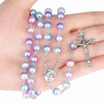 12-Farben-Religion-Rosenkranz-Halskette für Frauen, christliche Jungfrau Maria, Jesus-Kreuz-Anhänger, lange Perlenketten, Modeschmuck, Geschenk