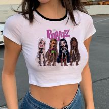 Neue Bratz Brief Grafik Druck T-shirt Harajuku Crop Tops Oansatz Kurzarm Shirts 2021 Sommer Mode Y2k Anime Weibliche T-shirt