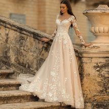 Adln charmante lange Ärmel Brautkleid schiere Hals A-Linie Champagner Spitze Brautkleid neue Kleider vestido de novia