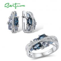 SANTUZZA Echtes 925er Silber-Schmuckset für Damen, funkelnde blaue Spinell-Ohrringe, Ring-Set,