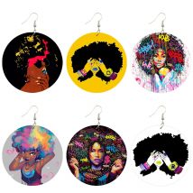 Voikukka Jewelry Afro Graffiti Black Girl Cartoon Wooden Both Sides Print Pendants African Women Drop Earrings For Gifts