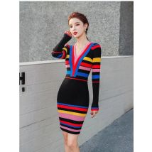 Women's Western Style Autumn Winter New Self-Cultivation Candy Hit Color Striped Base Knitted Dress