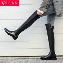 QUTAA Damenschuhe mit niedrigem Absatz, echtes Leder, über dem Knie, hohe Stiefel, Winterschuhe,
