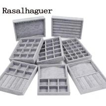 Handgefertigte DIY Schmuckbox Schubladen-Organizer Grau Weicher Samt Schmuckaufbewahrung für Ohrringe, Halsketten, Anhänger, Armbänder – 9 Optionen