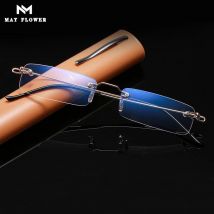 May Flower Anti-Blau Randlose Lesebrille Quadratische Metall Presbyopie Brillen Mit Fall Brillen Herren Brille Für Sight Plus + 4