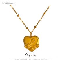 Yhpup Stainless Steel Heart Embrace Pendant Necklace for Women High Quality Metal Fashion Jewelry Collar Necklace Office Gift