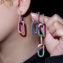 Pera Trendy Multicolor Zirkonia Baumeln Rechteck Form Kette Link Tropfen Ohrringe für Frauen Bankett Partei Schmuck Geschenk E701