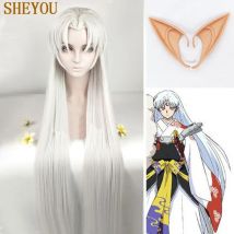 39 Zoll 100 cm lange Inuyasha Sesshomaru Perücke mit Ohren, hitzebeständig, Cosplay, silbriges Kunsthaar, Peruca + Perückenkappe