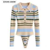 90ER Vintage Stricken Kontrast farbe Striped open Revers langarm Body Frau Kurze Overall Slim fit Strampler Playsuits