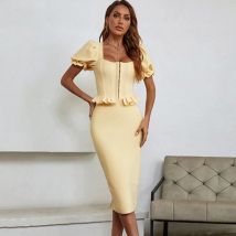 Neue Ankunft Frauen Herbst Sexy Kurzarm Zipper Gelb Midi Bodycon Verband Kleid 2021 Elegante Abend