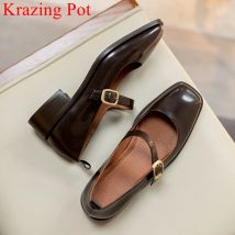 Krazing Pot Echt leder Square Toe Med Heel Spring Schuhe reifen süße Dating Schnalle Riemen Mary