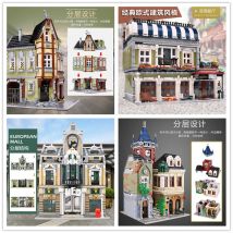 MOC Stadt Street View Ecke Mall Romantische restaurant Alten pub Europäischen Mall Joker Park Modell Bausteine Ziegel Kid Spielzeug geschenk