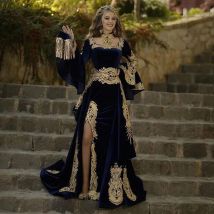 Eightale Kaftan-Abendkleid mit abnehmbarem Rock, zweiteilig, maßgeschneidert, langärmelig, Meerjungfrau, Samt, Abendkleid, Partykleid