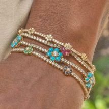 Spring New Arrived Fashion Jewelry 3mm Prong Set CZ Tennis Chain Rainbow Daisy Flower Charm Colorful Bracelet