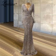 Lila Quaste Perlen Abendkleider V-ausschnitt, Langen Ärmeln Party Kleid Mit Silber Gürtel 2021 Couture Meerjungfrau Spitze Prom Kleid robe