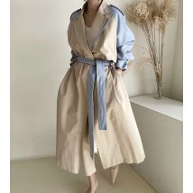 SuperAen French New Design Patchwork Fashion Long Windbreaker Jacket Turn Down Collar Full A Line Belt Trench Coat for Women