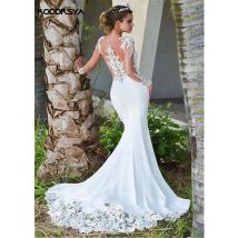 RODDRSYA langen Ärmel transparente Spray-Aufkleber Meerjungfrau HochzeitskleidRoddrsya lange Ärmel transparente Spitze Applikationen Meerjungfrau Brautkleider Brautkleider sehen durch zurück mit Knopf