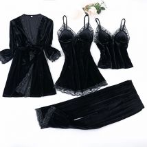 2022 schwarz Spitze Gold Samt 4 Stück Frauen Warme Winter Pyjamas Sets Mit Hosen Sexy Robe Pyjamas Nachtwäsche Ärmellose Nachtwäsche