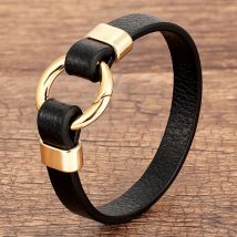 Trendy Echtes Leder männer Schmuck Gold Farbe Metall Runde Frühling Verschluss Einfache Leder Seil Armband Für Frauen Männliche Geschenke