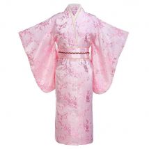 Rosa Druck Blume Junge Dame Japanischen Traditionellen Kimono Bademantel Kleid Volle Hülse Abend