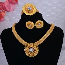 24K Dubai Gold Farbe Schmuck Sets Für Frauen Hochzeit Zirkon Geschenke Afrikanische Hochzeit Halskette Ring Ohrringe Armband Set Schmuck Set