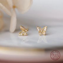 925 Sterling Silver Korean Exquisite Quality Inlaid Crystal Butterfly Stud Earrings Women Classic Daily Jewelry
