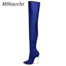 MStacchi Frauen Sexy Über Das Knie Stiefel Frau Spitz Dünne Heels Elastische Stoff Botas Mujer