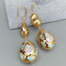 Y · YING natürliche Züchteten Weiß Perle Teardrop Form Blau larimar Pflastern Brushed Perle Baumeln Haken Ohrringe