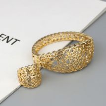 Sunspicems Gold Farbe Arabisch Hohl Armreif Ring Sets für Frauen Marokkanischen Hochzeit Schmuck Algerien Manschette Armband Braut Geschenk