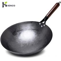 Wok in ferro per uso domestico, padella in ferro forgiato a mano manico in legno ferro puro senza rivestimento pentola Wok antiaderente fornello a gas