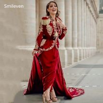 Smileven Luxus Rot Dubai Abaya Abendkleider Samt Elegante Karakou Algerische Kleider Spitze Abend Party Kleider