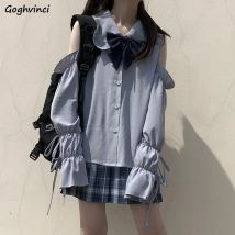 Frauen Shirts Off Schulter Peter Pan Kragen Süße Lolita Stil Schöne Feste Lange Laterne Hülse Bogen Spitze Up Weibliche Freizeit Trendy