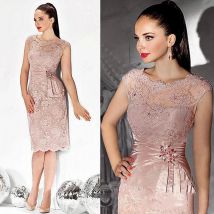 Dusty Rose Mother Of The Bride Dresses Short Sleeve Knee-lenght Wedding Party Guest  Gown Lace Beads Evening Gowns
