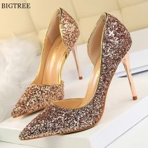 2025 herbst Neue Hochzeit Frauen Pumpen Mode Plus Größe 43 Pailletten Tuch Seite Hohl High Heels Schuhe Damen Slip auf Kleid Party