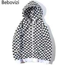 Bebovizi Mens Harajuku Hip Hop Zip Up Hoodie Sweatshirt Schwarz Weiß Schachbrett Plaid Hoodie Streetwear Fleece Mit Kapuze Hipster
