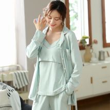 Fdfklak Pijama Schwangere Baumwolle Frühling Sommer 3-teilig Umstandsnachthemd Pyjama für Schwangere Rosa/Blau Stillpyjama