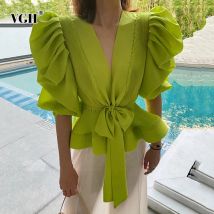 VGH Patchwork Rüschen Spitze Up Bowknot Hemd Für Frauen V-ausschnitt Puff Sleeve Hohe Taille Weiße Bluse Weibliche 2024 Mode Neue stilvolle