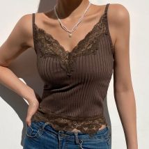Goth Ästhetische Spitze Patchwork Tank Tops Für Frauen Sexy V-ausschnitt Braun Retro Crop Tops Sommer y2k Mode Lässig Leibchen