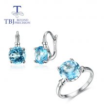 TBJ, natürlicher himmelblauer Topas rund 10 mm Edelstein Ring Ohrring Schmuckset S925 Silber Schmuck