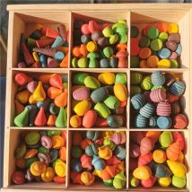 Kids Wooden Rainbow Mandala Block Montessori Loose Parts Toy Mushrooms Honeycomb Droplets  Bamboo Shoots Acorns Tree Cones