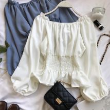 Jugend Elegante Bluse Frauen Chiffon Mode Bluse Off Schulter Weiß Hemd Rüschen Puff Sleeve Top Büro tragen 2022