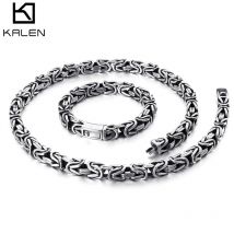 KALEN Edelstahl 60cm Byzantinische Kette Halskette & Armband Set Herren Punk Schweres Chunky Statement Choker Armreif Schmucksets