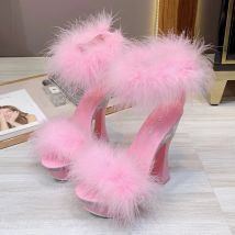 2020 neue 4 Farbe Feder Dicke High Heels Plattform Sandalen Frauen 14 cm 17 cm Heels Schuhe Weiblichen Sommer Haar hochzeit Pumpen WS311
