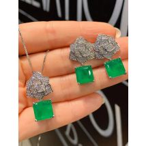 2022 Trend 10*10mm Emerald Flower Pendant Necklace Earrings Wedding Party Fine Jewelry Sets Gifts for Women Charms Accessories