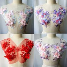 2PCS Rot Lila 3D Blume Spitze Stoff Perlen Strass Bestickt Kleid Appliques Nähen Patches Für Hochzeit Dekoration Kleid DIY