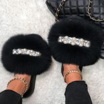 Plüsch Hausschuhe Flip-Flops Perle Kette Echt Fox Pelz Rutschen Für Frauen Flauschigen Sommer Sandalen Pelzigen Hausschuhe Weibliche Flache Hause Schuhe